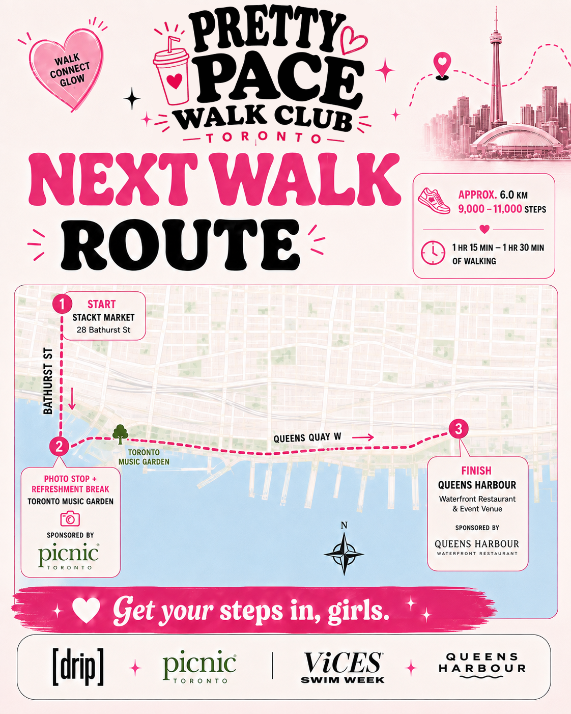 Route map for The Launch Walk: start at Stackt Market on 28 Bathurst St, photo and refreshment stop at Toronto Music Garden sponsored by Picnic Toronto, then finish at Queens Harbour waterfront restaurant along Queens Quay West