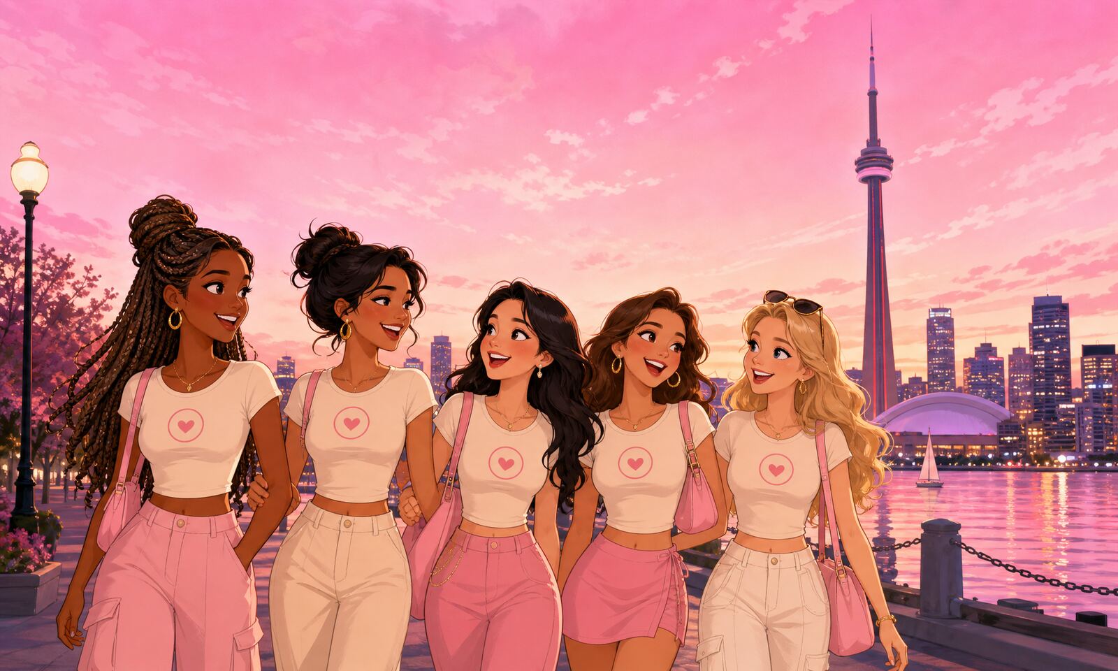 Illustration of a group of stylish women walking together along the Toronto waterfront with the CN Tower and pink skyline behind them